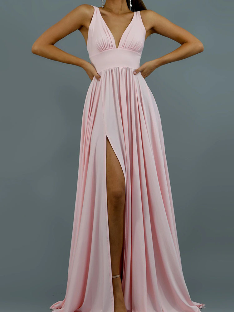 Pink Simple V Neck Long Slit Prom Dress