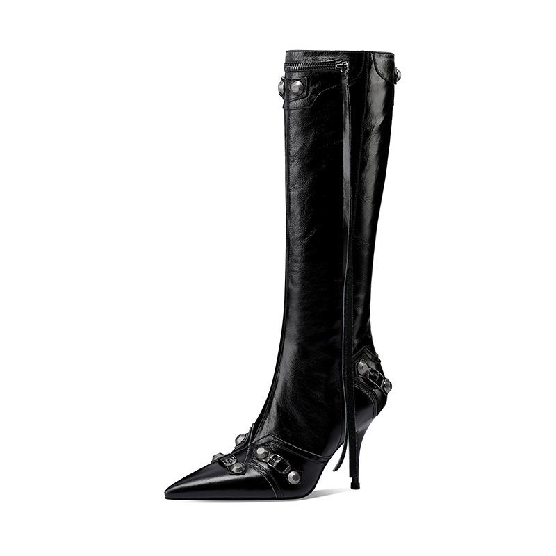 Classic Pointed Toe Stiletto Skinny Heeled Studs Buckle Vintage Boots