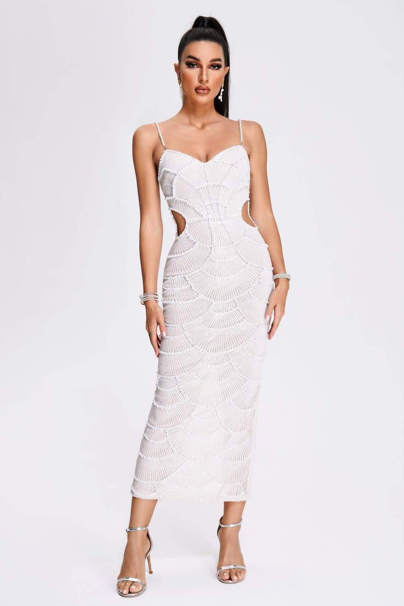 White Pearl Sequin Midi Dress