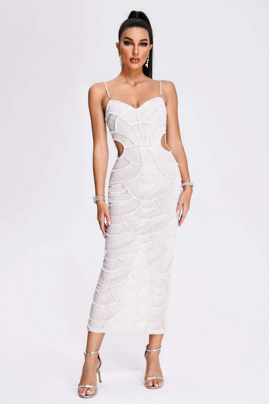 White Pearl Sequin Midi Dress