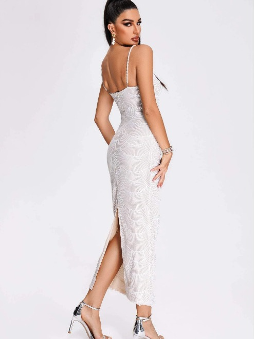 White Pearl Sequin Midi Dress