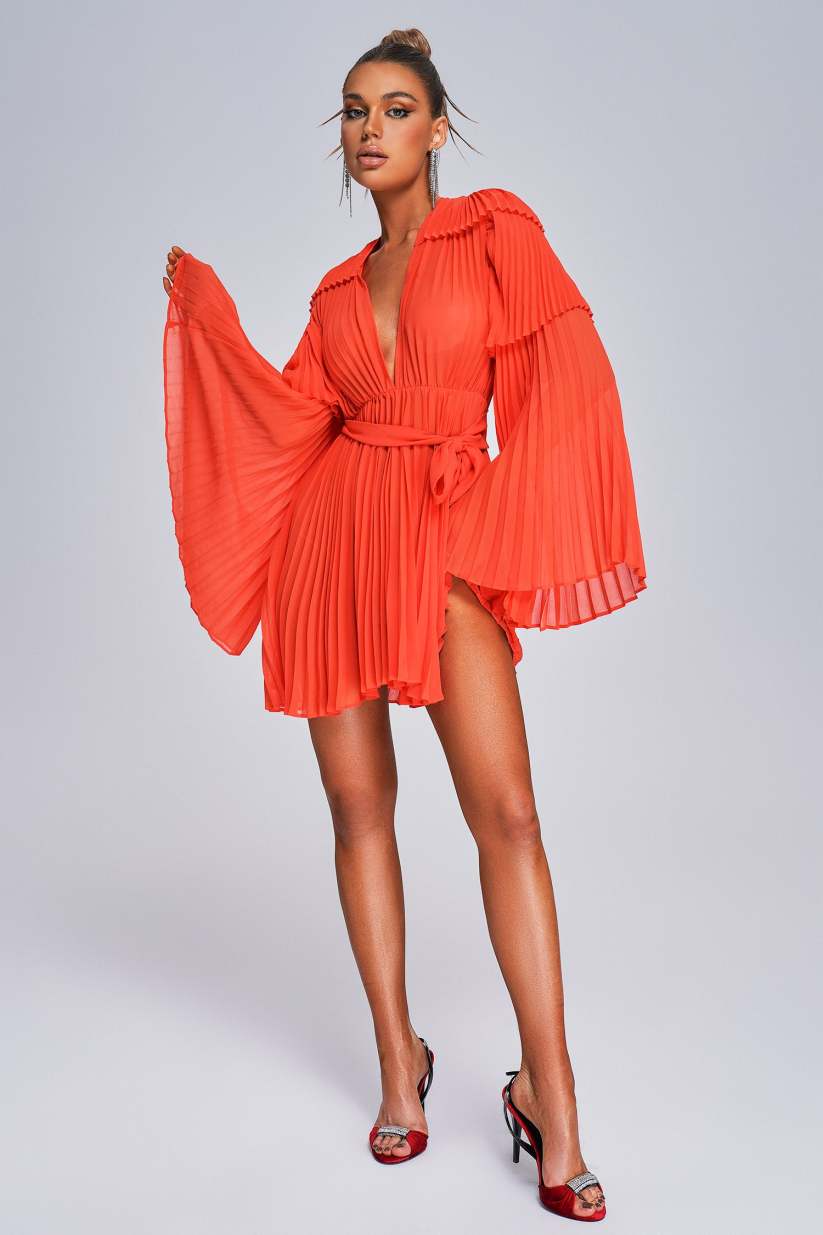 Orange Red Pleated Mini Dress