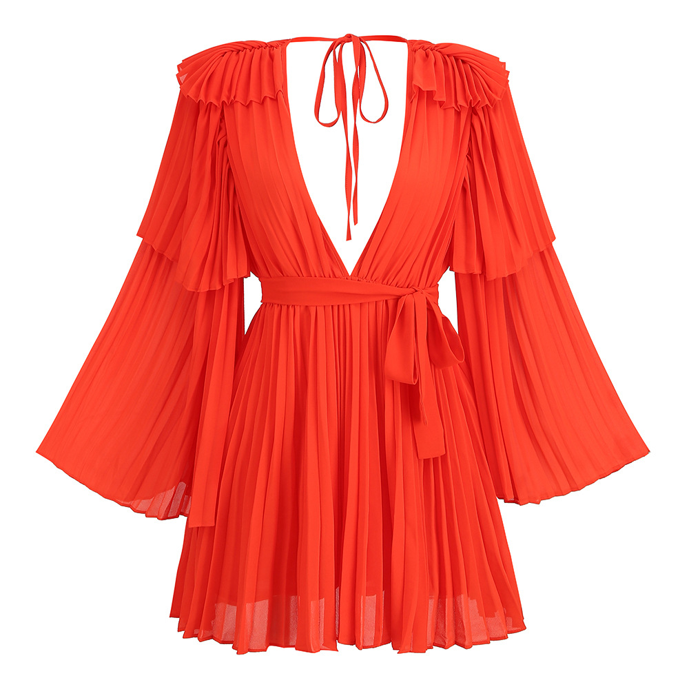 Orange Red Pleated Mini Dress