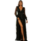 Black Sequin Fringed Bowknot Long Sleeve Slit Thigh Prom Dress