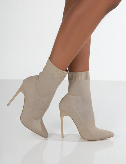 Slip-On Plain Pointed Toe Cotton High Heel Boots