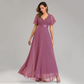 V-Neck Short Sleeves Semi Formal Chiffon Maxi Prom Dress