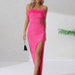 Feather Neck Strapless High-Slit Maxi Party Prom Dress