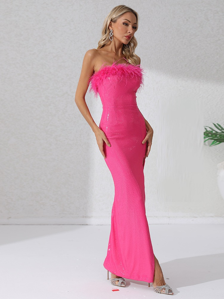 Feather Neck Strapless High-Slit Maxi Party Prom Dress