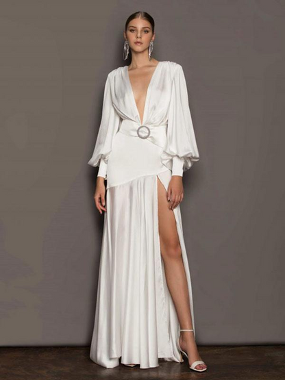 White V-Neck Long Sleeves High-Slit Maxi Party Prom Dress