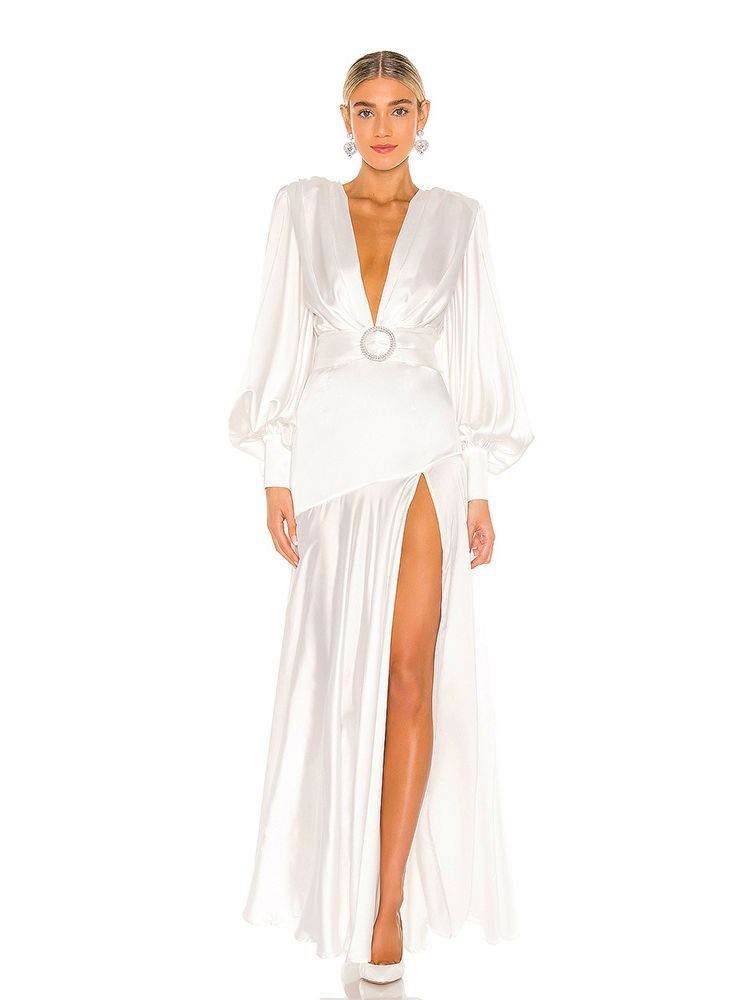 White V-Neck Long Sleeves High-Slit Maxi Party Prom Dress