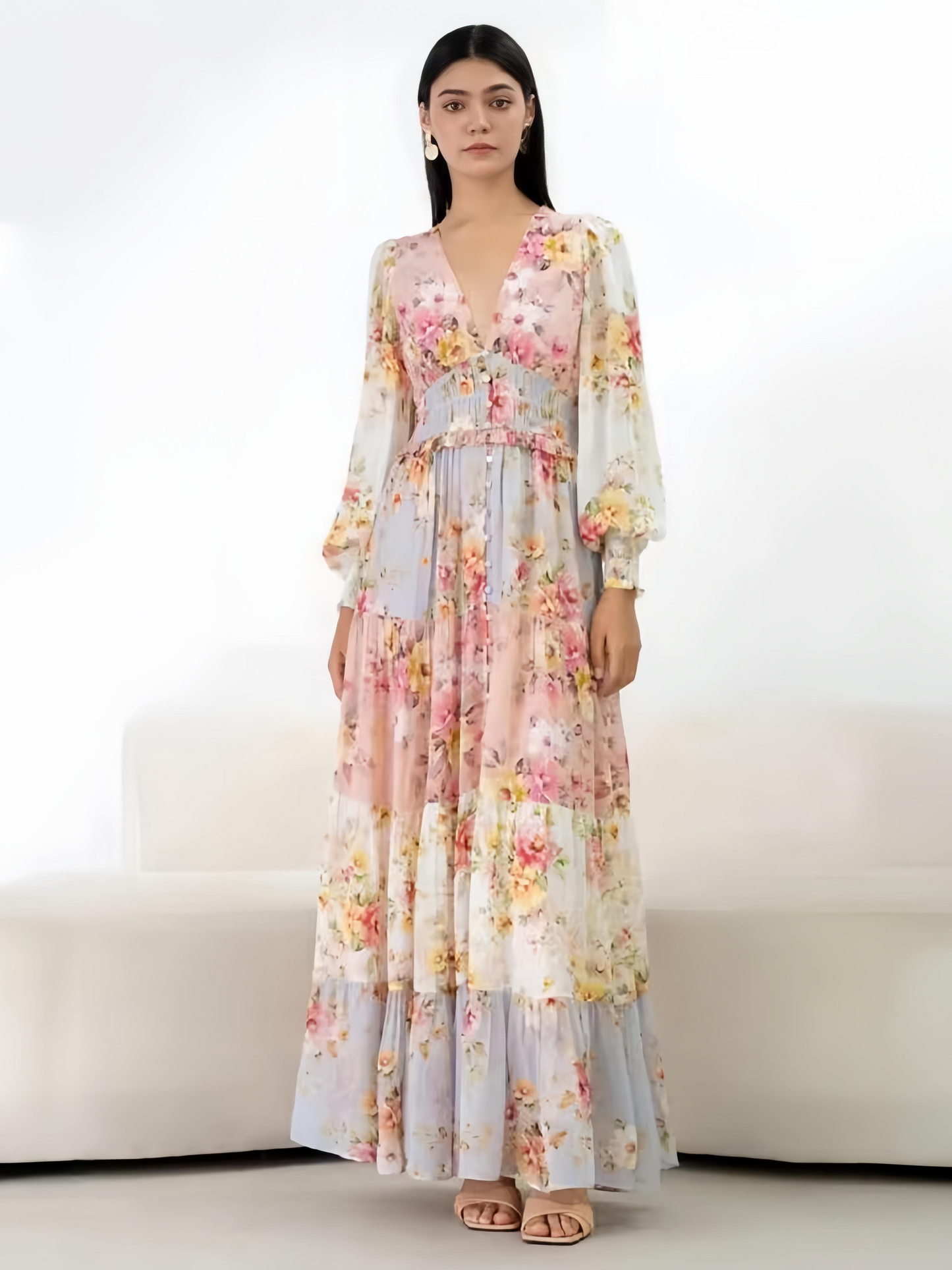 Pink V-Neck Floral Buttons Tiered Long Sleeves Maxi Dress