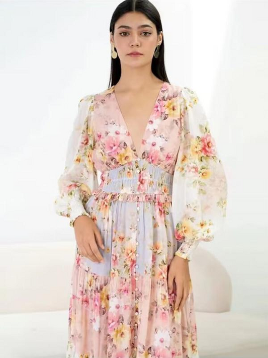 Pink V-Neck Floral Buttons Tiered Long Sleeves Maxi Dress