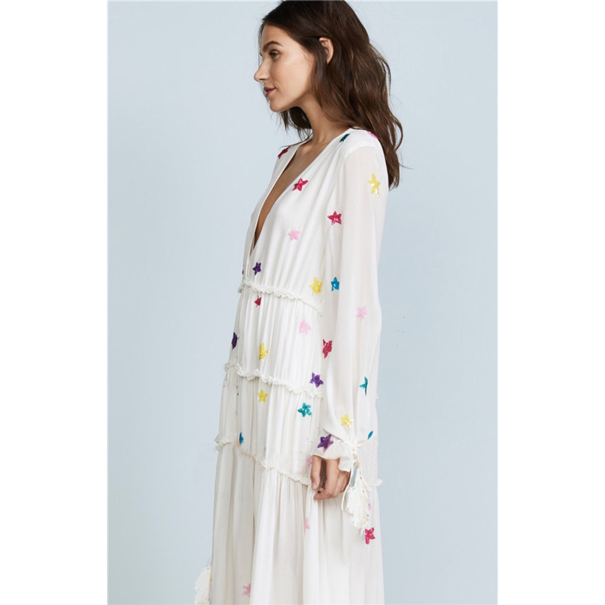 Cotton Deep V-Neck Long Sleeves Bohemian Maxi Beach Dress