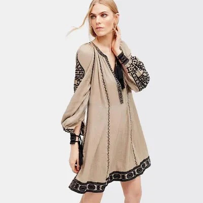 Deep V-Neck Tassel Long Sleeves Embroidered Boho Mini Dress