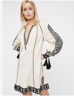 Deep V-Neck Tassel Long Sleeves Embroidered Boho Mini Dress