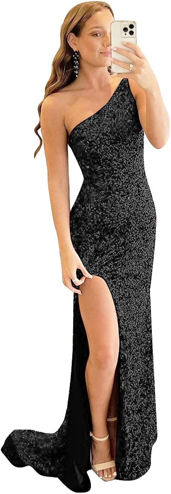 Velvet Sequins One-Shoulder Sleeveless Brush Train Dresses