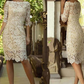 Column Lace Applique Off-the-Shoulder 3/4 Sleeves Knee-Length