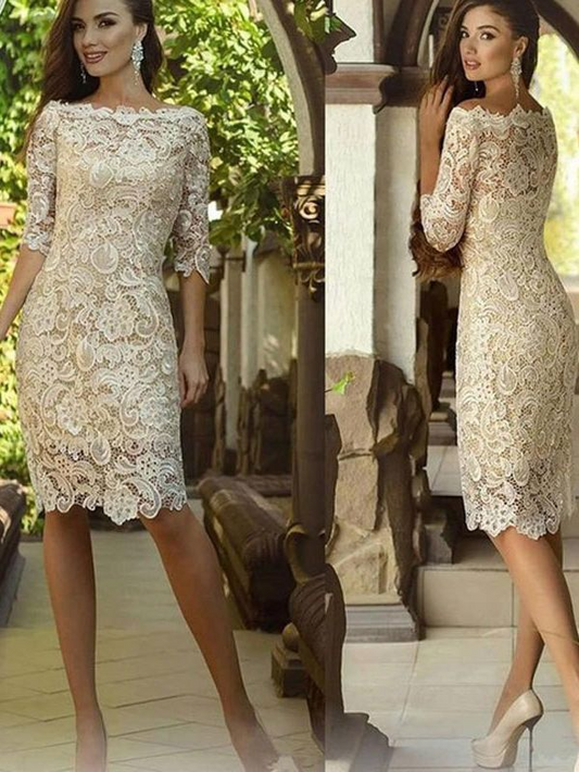 Column Lace Applique Off-the-Shoulder 3/4 Sleeves Knee-Length