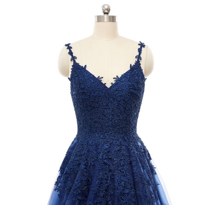 A-Line Tulle Applique V-neck Sleeveless Brush Train Dress