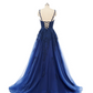 A-Line Tulle Applique V-neck Sleeveless Brush Train Dress