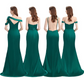 Green Column Off-the-Shoulder Ruched Sleeveless Brush Train Bridesmaid Dress