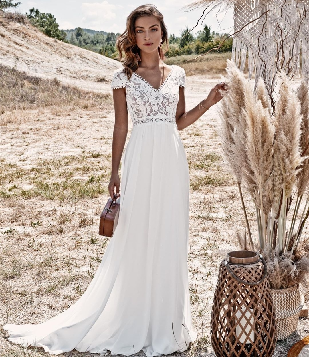 V-Neck Short Sleeves Backless Lace Long Boho Wedding Dress