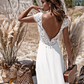 V-Neck Short Sleeves Backless Lace Long Boho Wedding Dress