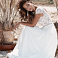 V-Neck Short Sleeves Backless Lace Long Boho Wedding Dress