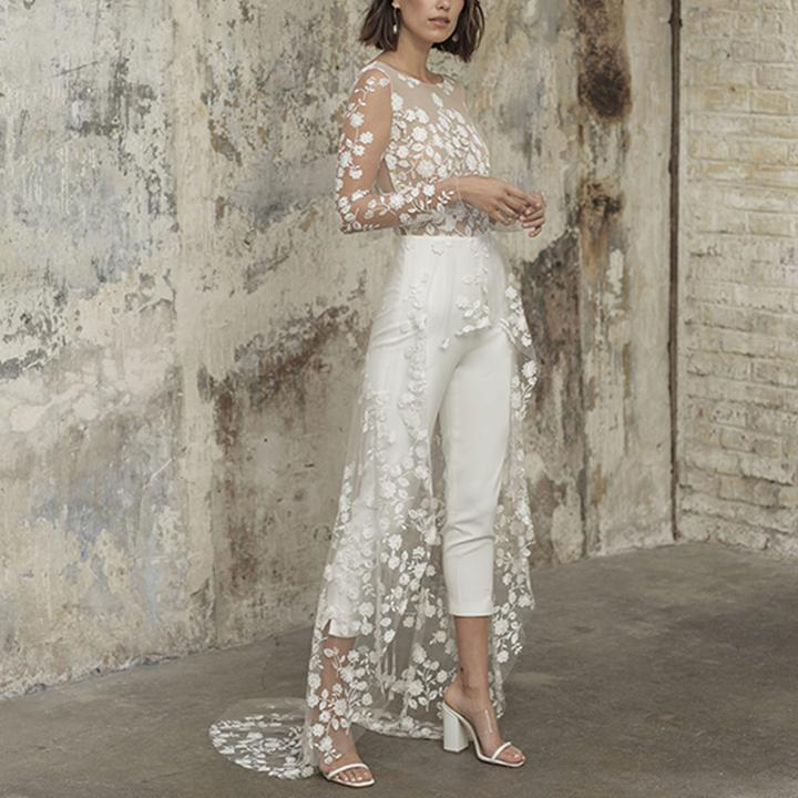 Jewel Neck Long Sleeves Lace A-Line Bridal Jumpsuit