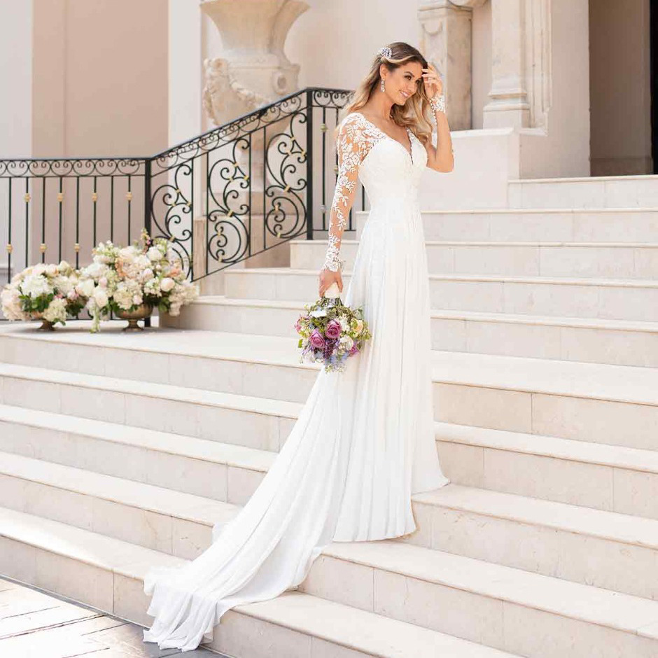 Chiffon V Neck A Line Long Sleeve Lace Applique Beach Wedding Dress