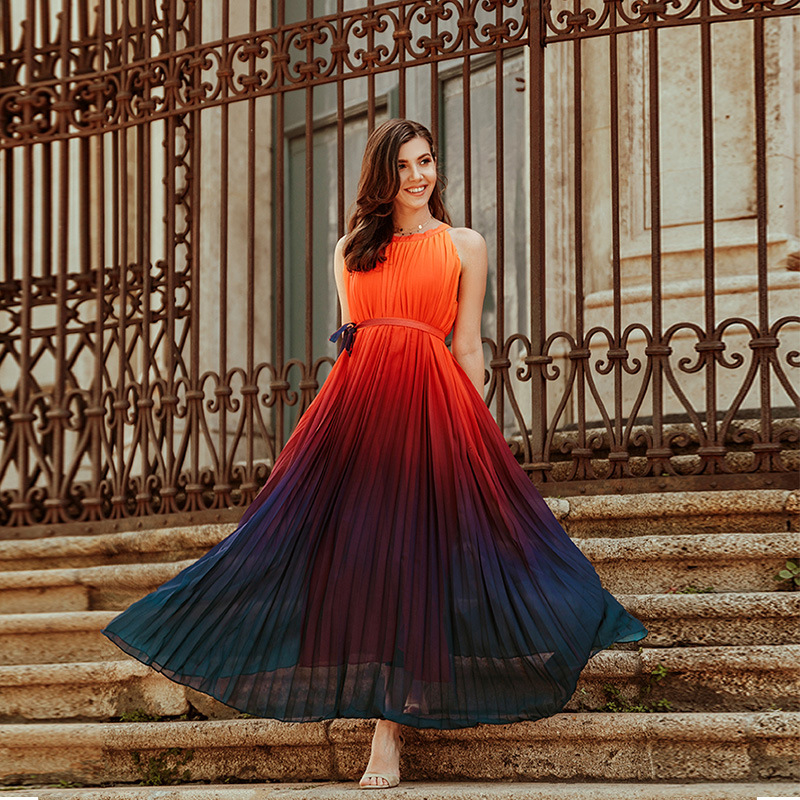 Sunset Gradient Pleated Maxi Dress