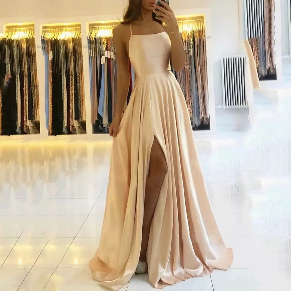 Satin Sleeveless Front Slit Prom Dress