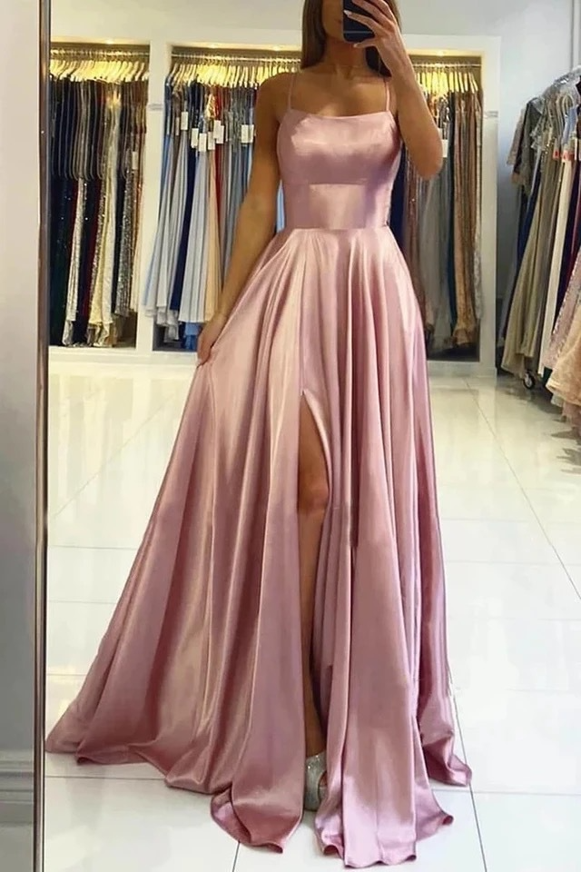 Satin Sleeveless Front Slit Prom Dress