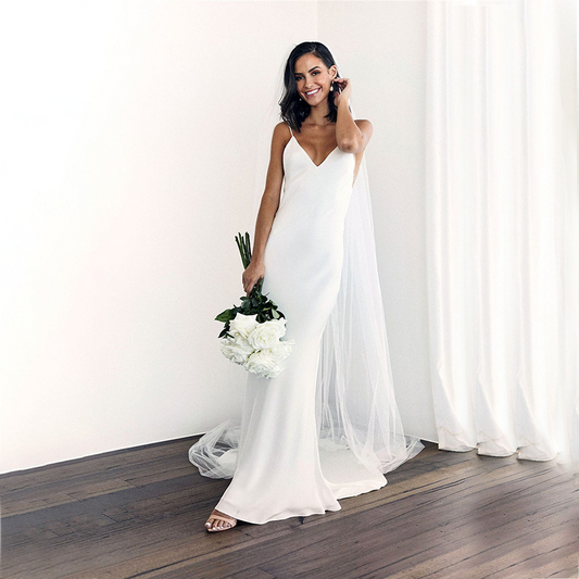 White Simple V-Neck Spaghetti Straps Sleeveless Backless Wedding Dress