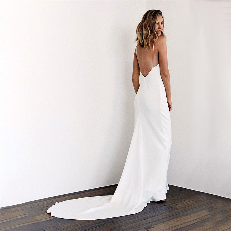 White Simple V-Neck Spaghetti Straps Sleeveless Backless Wedding Dress