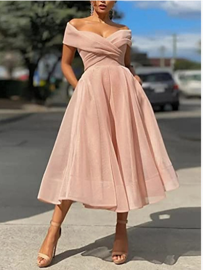 Ruched Off-the-Shoulder Sleeveless Tea-Length Dress