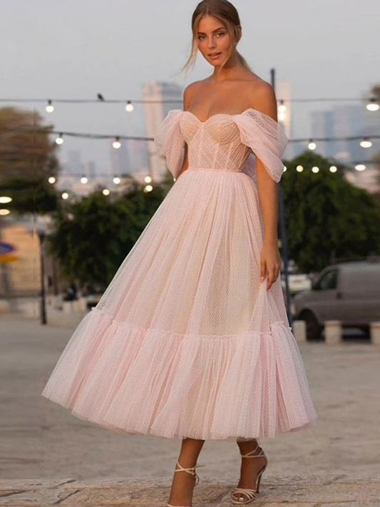 Princess Tulle Ruffles Off-the-Shoulder Sleeveless Tea-Length Dress