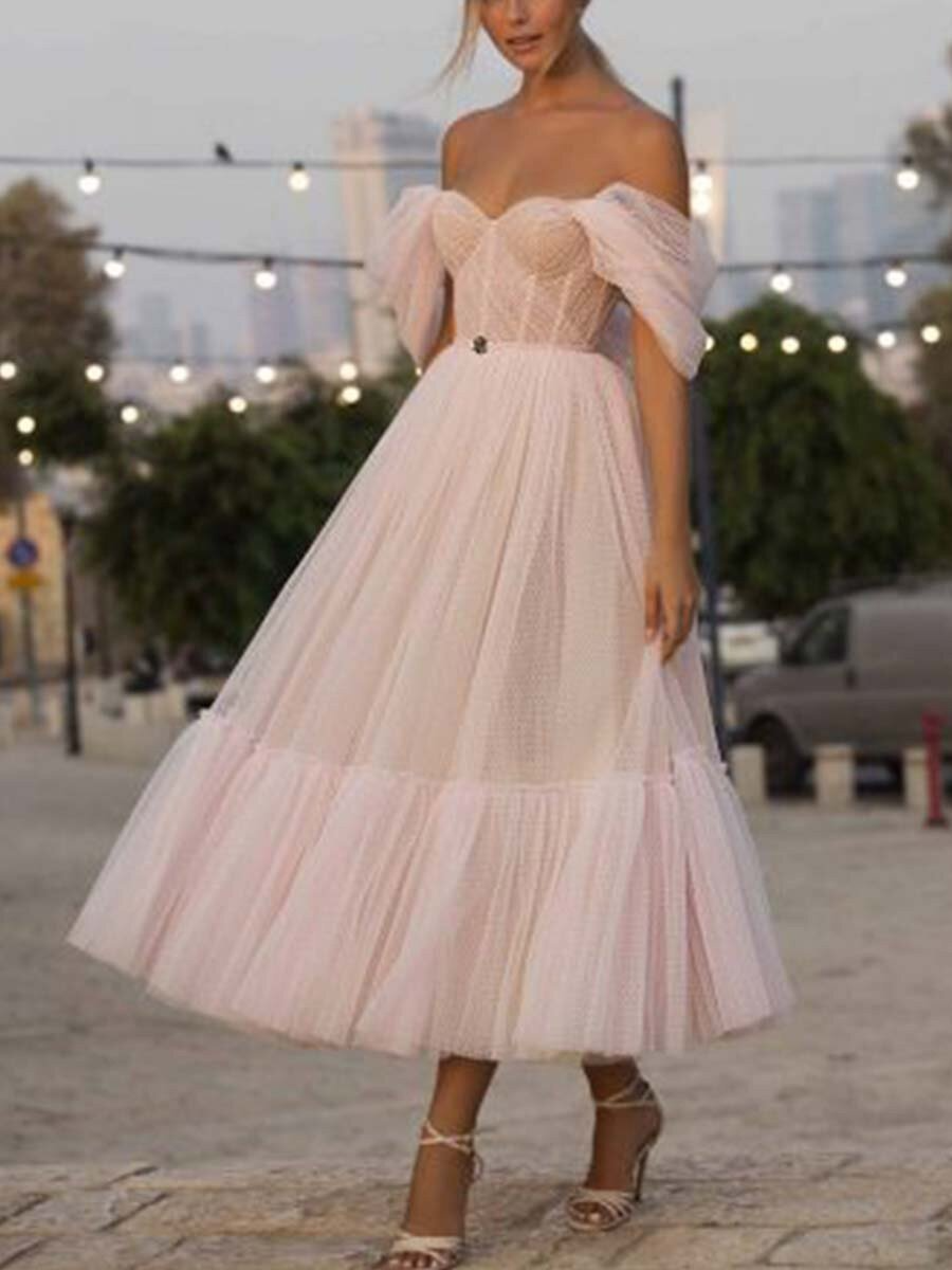 Princess Tulle Ruffles Off-the-Shoulder Sleeveless Tea-Length Dress