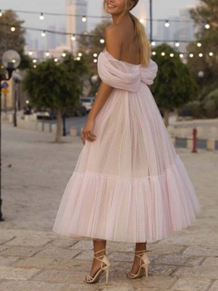 Princess Tulle Ruffles Off-the-Shoulder Sleeveless Tea-Length Dress