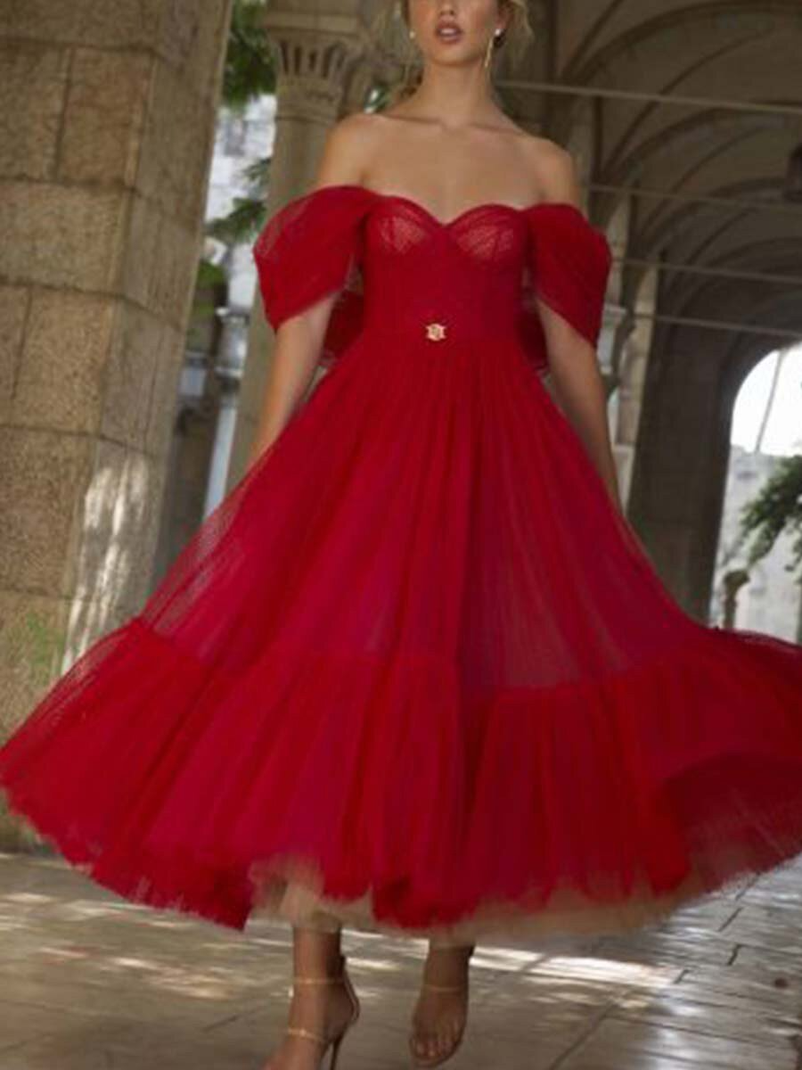 Princess Tulle Ruffles Off-the-Shoulder Sleeveless Tea-Length Dress