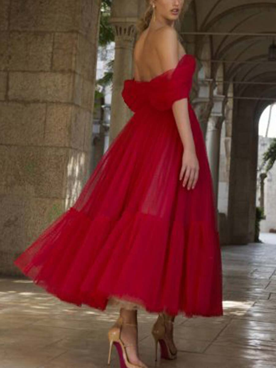 Princess Tulle Ruffles Off-the-Shoulder Sleeveless Tea-Length Dress