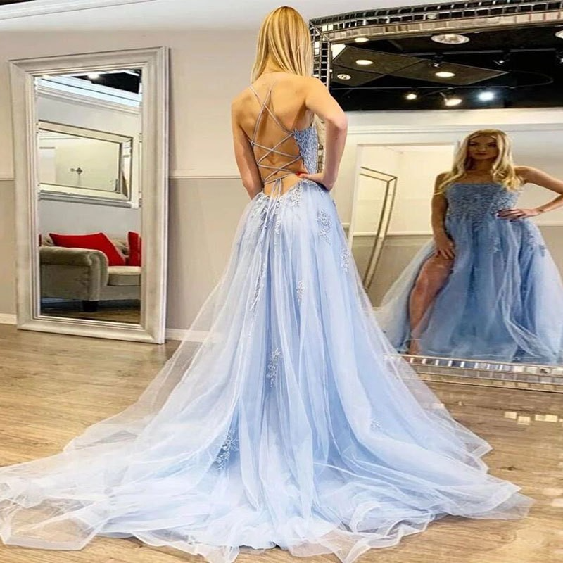 Lace Applique Spaghetti Strap Backless Prom Dress