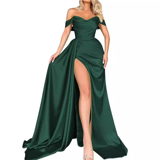 Satin Off Shoulder Sleeveless Prom Dress