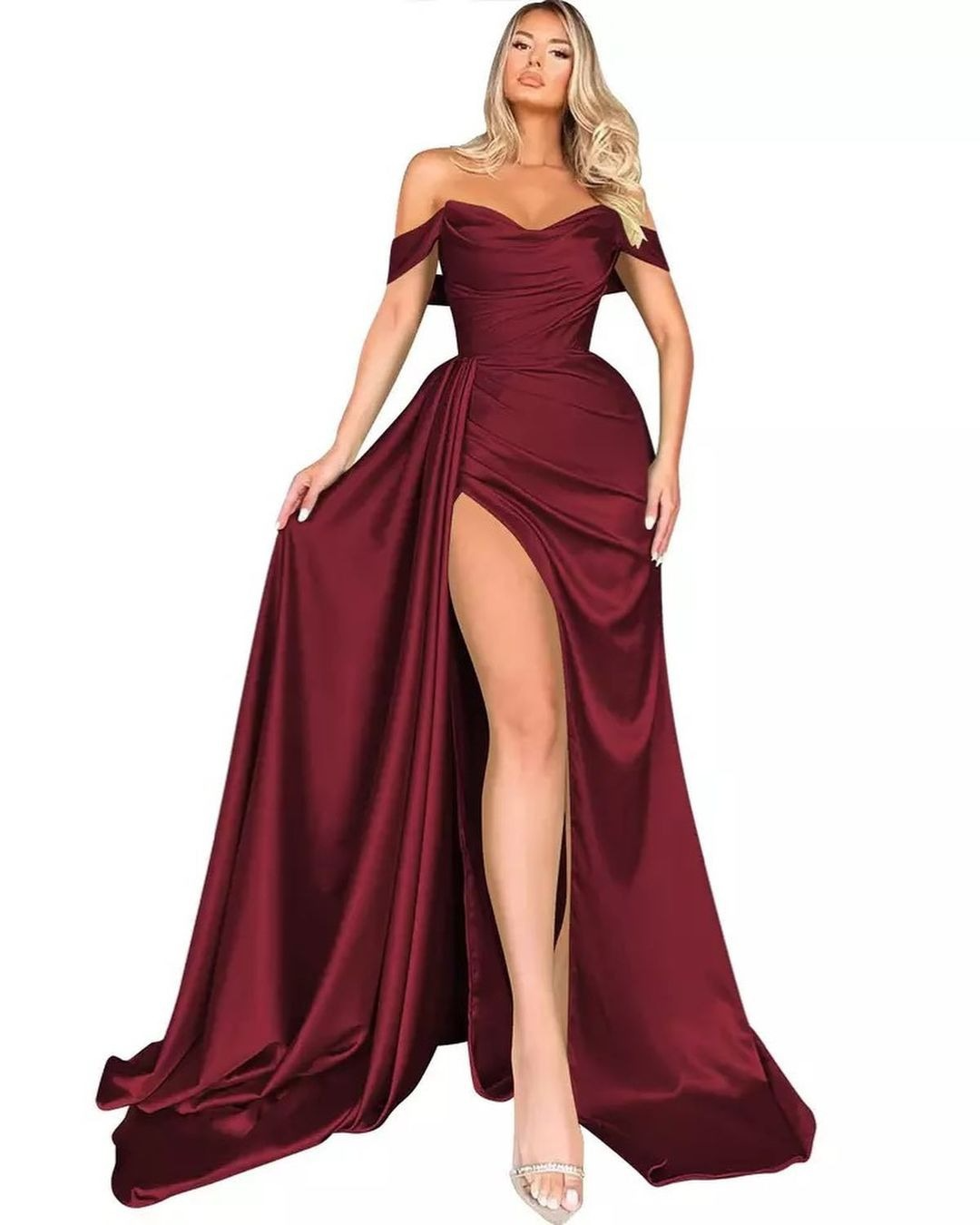 Satin Off Shoulder Sleeveless Prom Dress