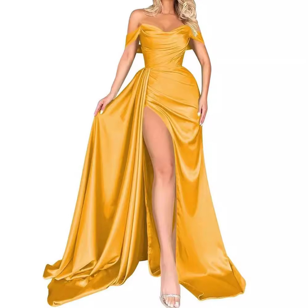 Satin Off Shoulder Sleeveless Prom Dress