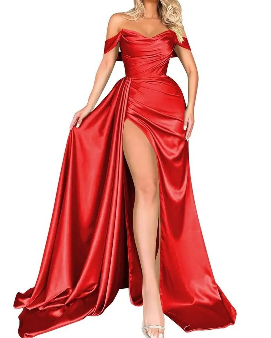 Satin Off Shoulder Sleeveless Prom Dress