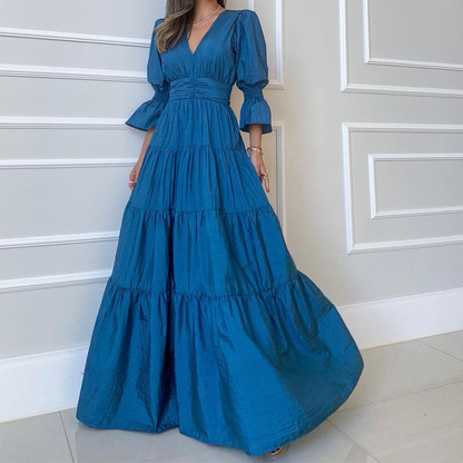 Deep V Neck Long Sleeves Ruffle Dress