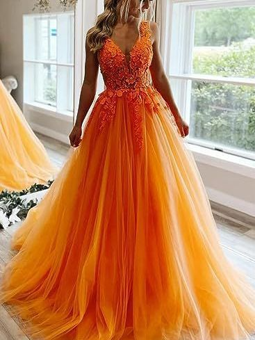 Deep V Neck Lace Applique Prom Dress