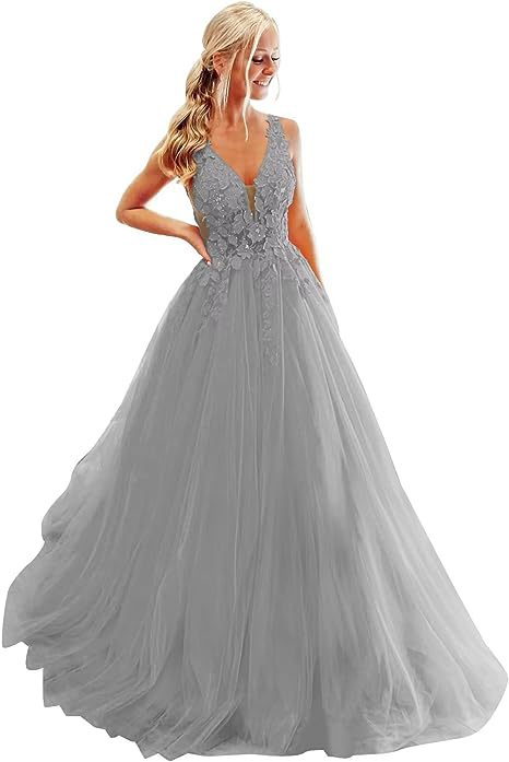 Deep V Neck Lace Applique Prom Dress