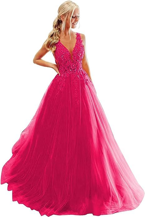 Deep V Neck Lace Applique Prom Dress